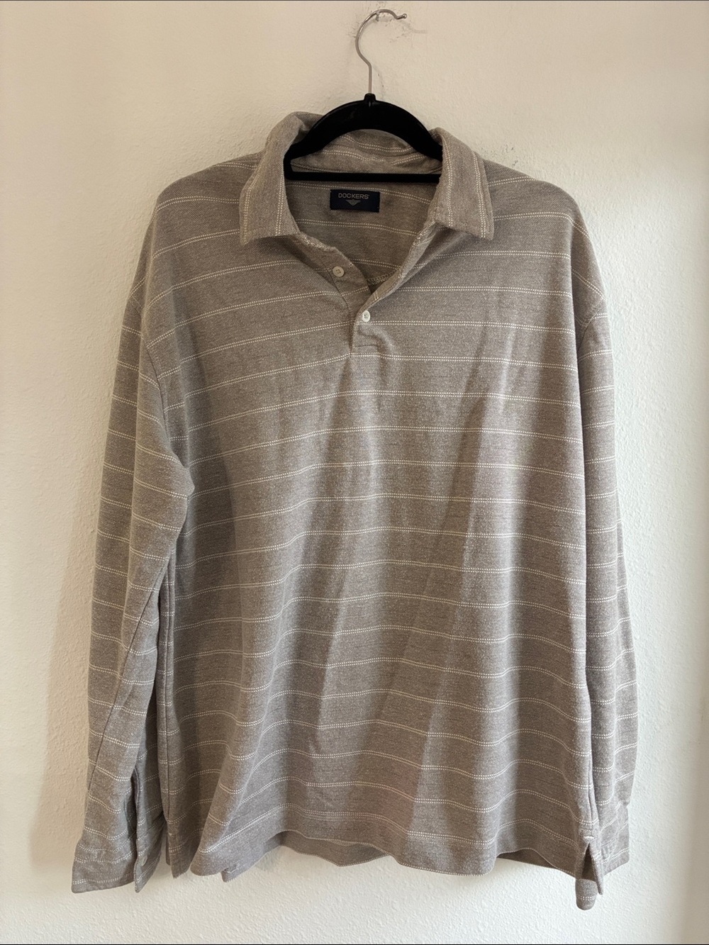 Dockers Beige Long-Sleeve Polo with White Stripes